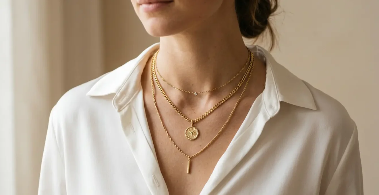 Femme portant une accumulation harmonieuse de colliers dorés de différentes longueurs