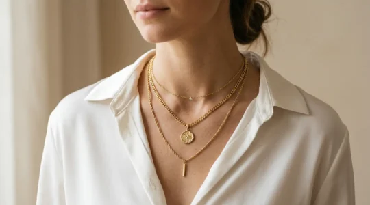 Femme portant une accumulation harmonieuse de colliers dorés de différentes longueurs