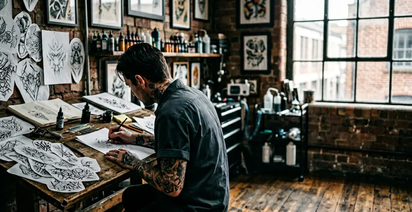 Artiste tatoueur travaillant sur une création personnalisée dans son studio, entouré de dessins et d'esquisses