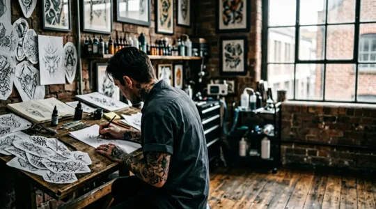 Artiste tatoueur travaillant sur une création personnalisée dans son studio, entouré de dessins et d'esquisses