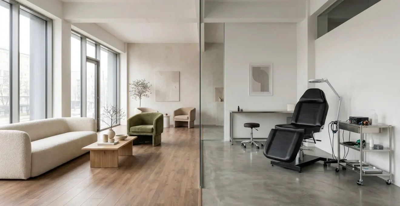 Intérieur lumineux d'un beauty bar moderne avec zones distinctes pour tatouage et soins esthétiques