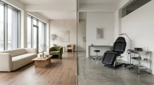 Intérieur lumineux d'un beauty bar moderne avec zones distinctes pour tatouage et soins esthétiques