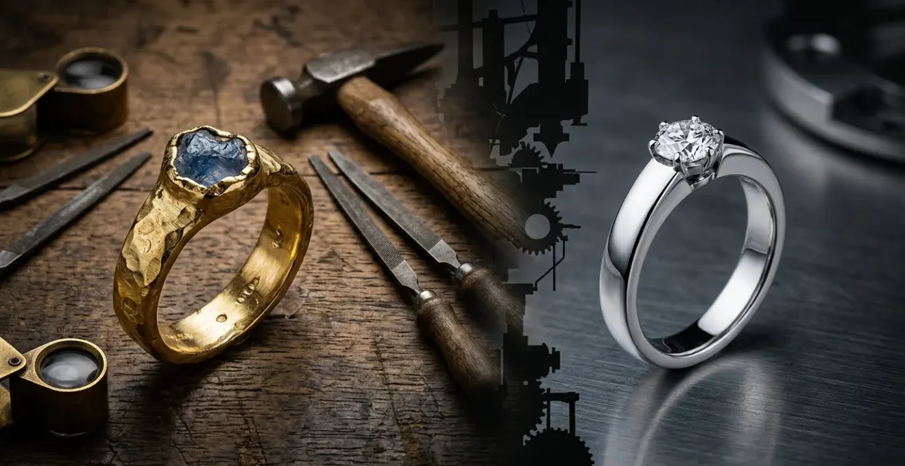 Comparaison entre bijou artisanal et bijou industriel sur table d'atelier avec outils de joaillier