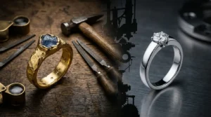 Comparaison entre bijou artisanal et bijou industriel sur table d'atelier avec outils de joaillier