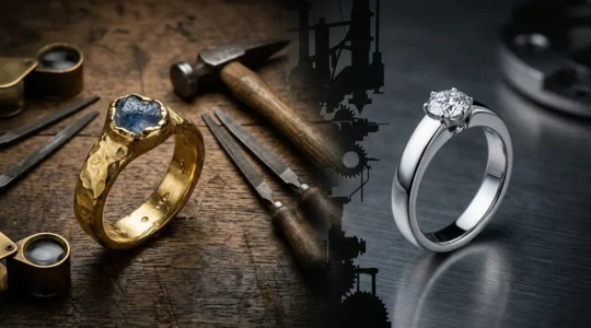 Comparaison entre bijou artisanal et bijou industriel sur table d'atelier avec outils de joaillier