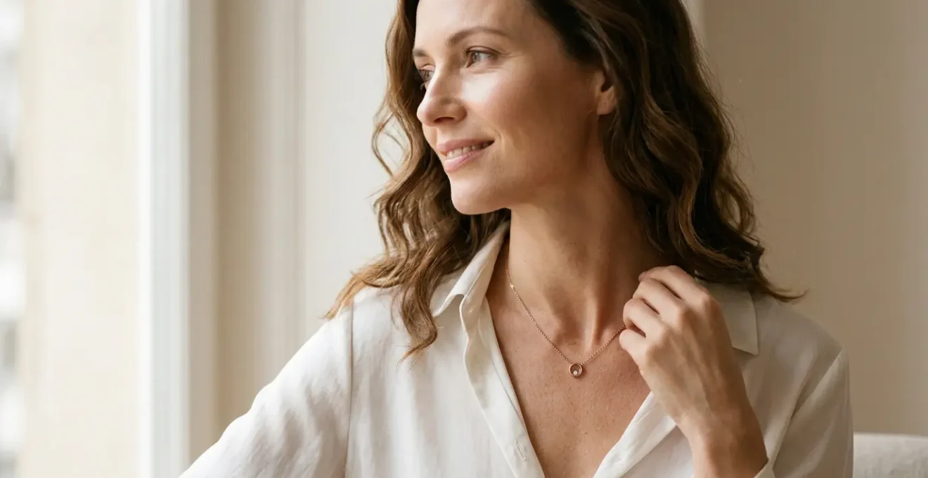 Portrait d'une femme élégante portant un collier fin en or rose sur une peau claire avec une lumière douce naturelle