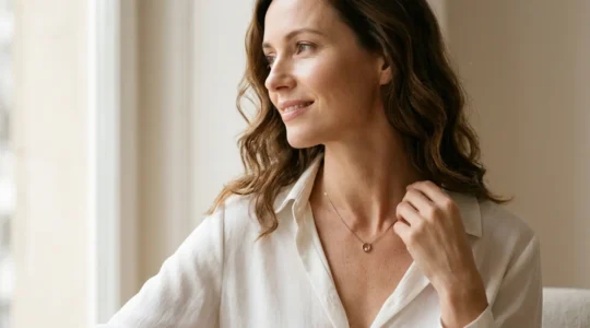 Portrait d'une femme élégante portant un collier fin en or rose sur une peau claire avec une lumière douce naturelle