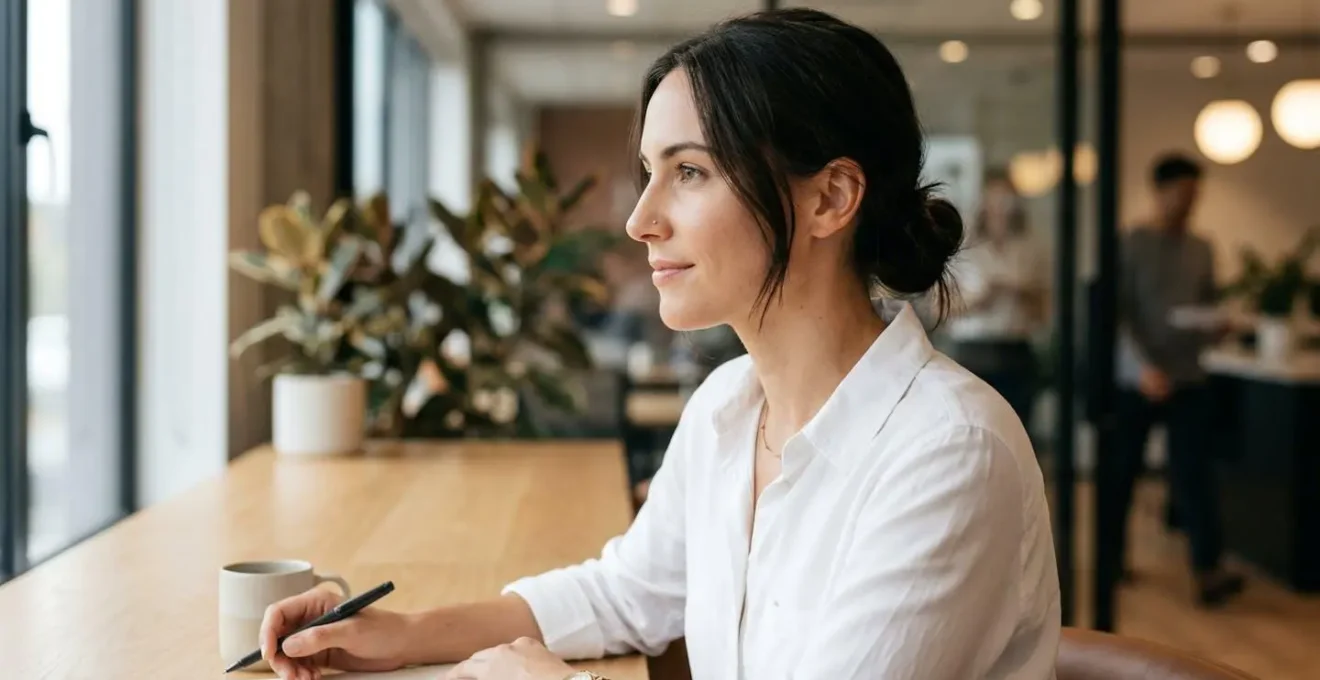 Femme professionnelle avec un petit stud discret en or sur la narine, travaillant dans un bureau moderne et lumineux