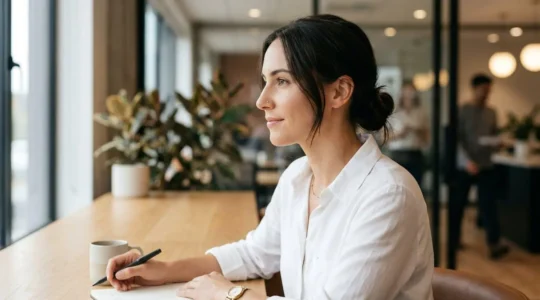 Femme professionnelle avec un petit stud discret en or sur la narine, travaillant dans un bureau moderne et lumineux