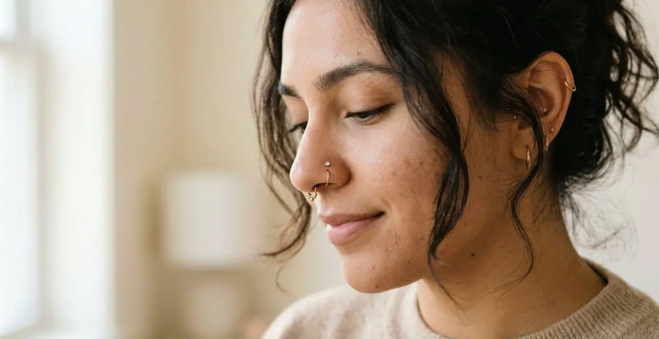 Portrait de profil montrant différents types de piercings et bijoux d'aile du nez