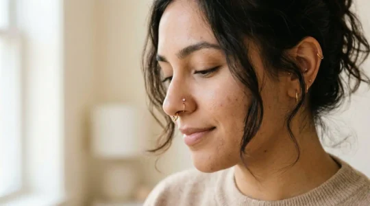 Portrait de profil montrant différents types de piercings et bijoux d'aile du nez