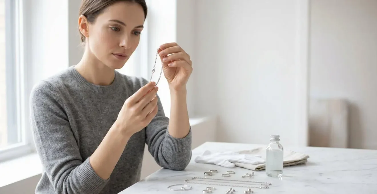 Femme examinant des bijoux hypoallergéniques dans une ambiance lumineuse et épurée