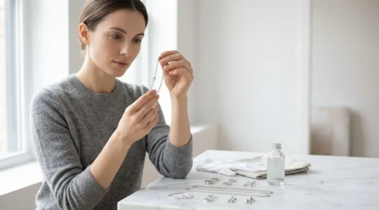 Femme examinant des bijoux hypoallergéniques dans une ambiance lumineuse et épurée