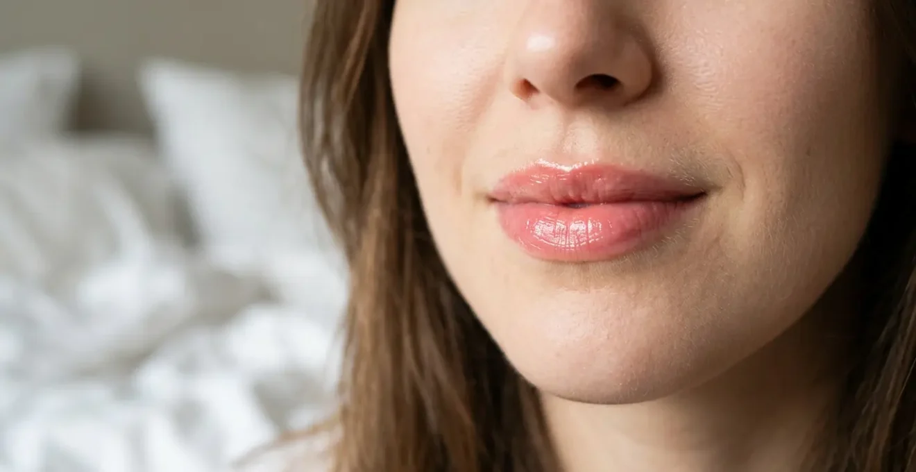 Femme aux lèvres naturellement colorées et pulpeuses avec effet candy lips