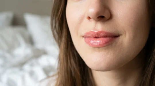 Femme aux lèvres naturellement colorées et pulpeuses avec effet candy lips