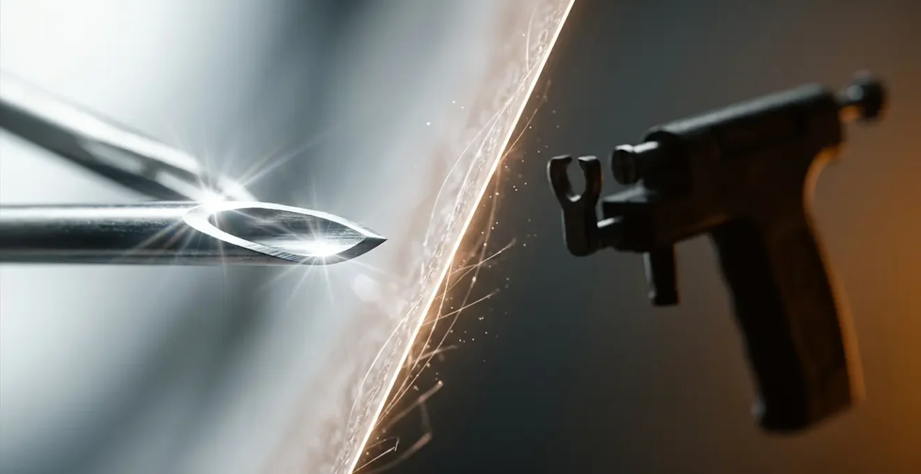 Comparaison artistique entre une aiguille de piercing à triple biseau et un pistolet, montrant le contraste de précision