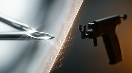 Comparaison artistique entre une aiguille de piercing à triple biseau et un pistolet, montrant le contraste de précision