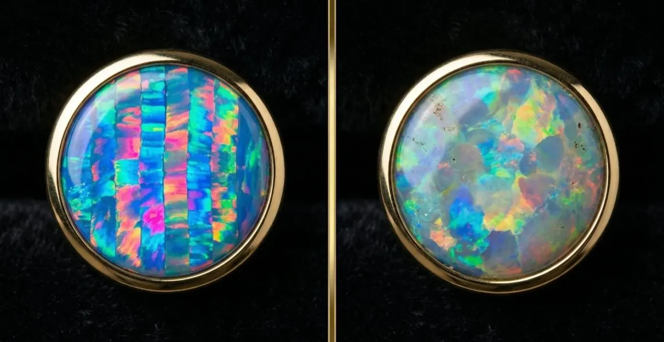 Comparaison visuelle entre une opale synthétique et naturelle dans un bijou de piercing haut de gamme
