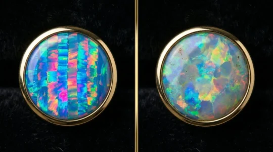 Comparaison visuelle entre une opale synthétique et naturelle dans un bijou de piercing haut de gamme