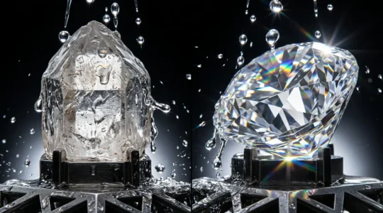 Gros plan sur deux cristaux brillants sous des gouttelettes d'eau avec effet arc-en-ciel