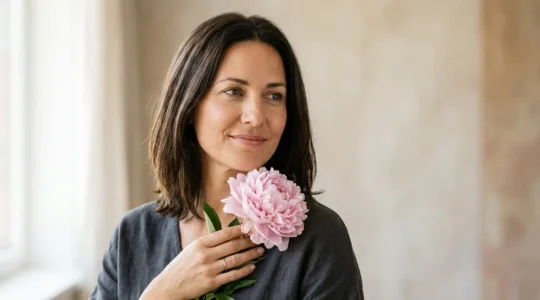 Portrait rapproché d'une femme tenant délicatement une fleur rose contre sa peau avec un regard confiant et apaisé, symbolisant la renaissance après une épreuve médicale