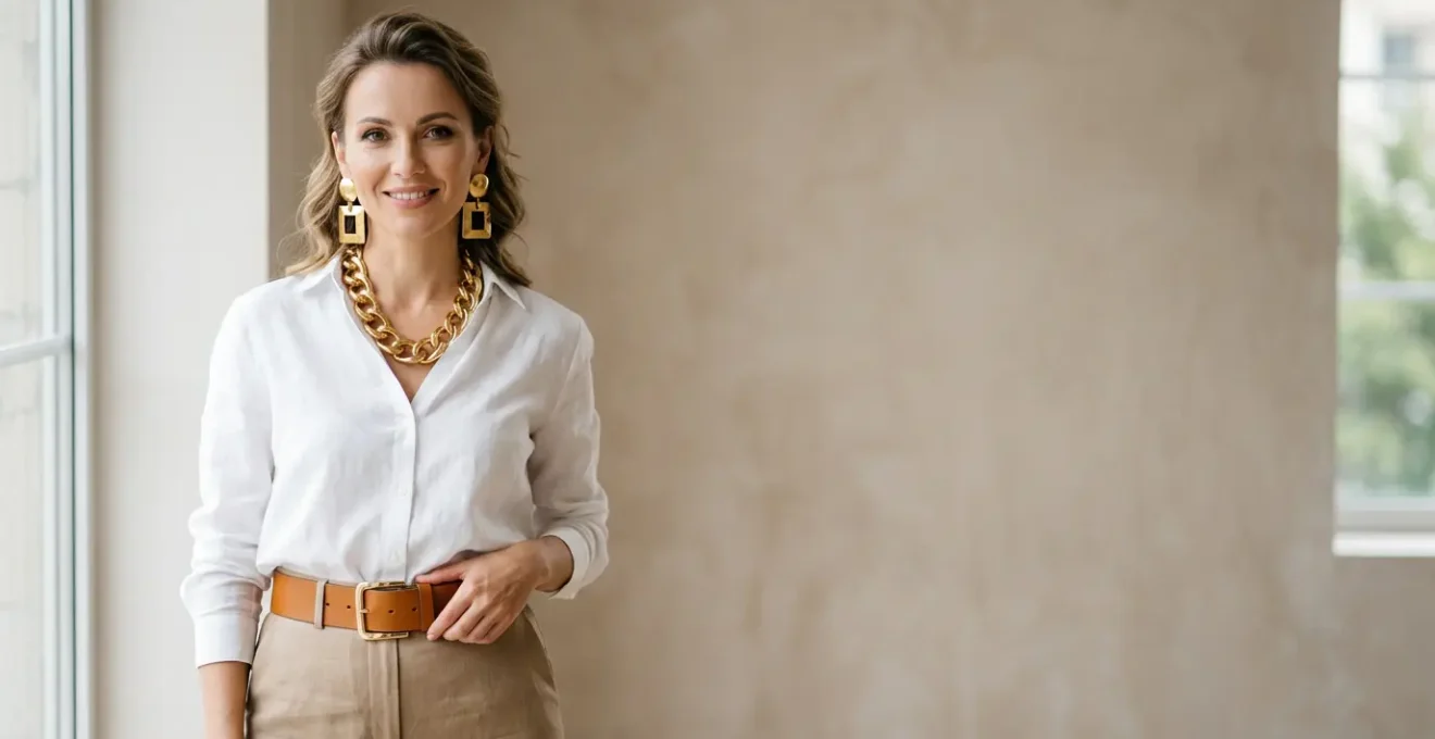 Femme élégante avec trois accessoires clés transformant une tenue basique
