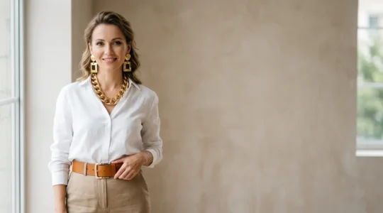 Femme élégante avec trois accessoires clés transformant une tenue basique