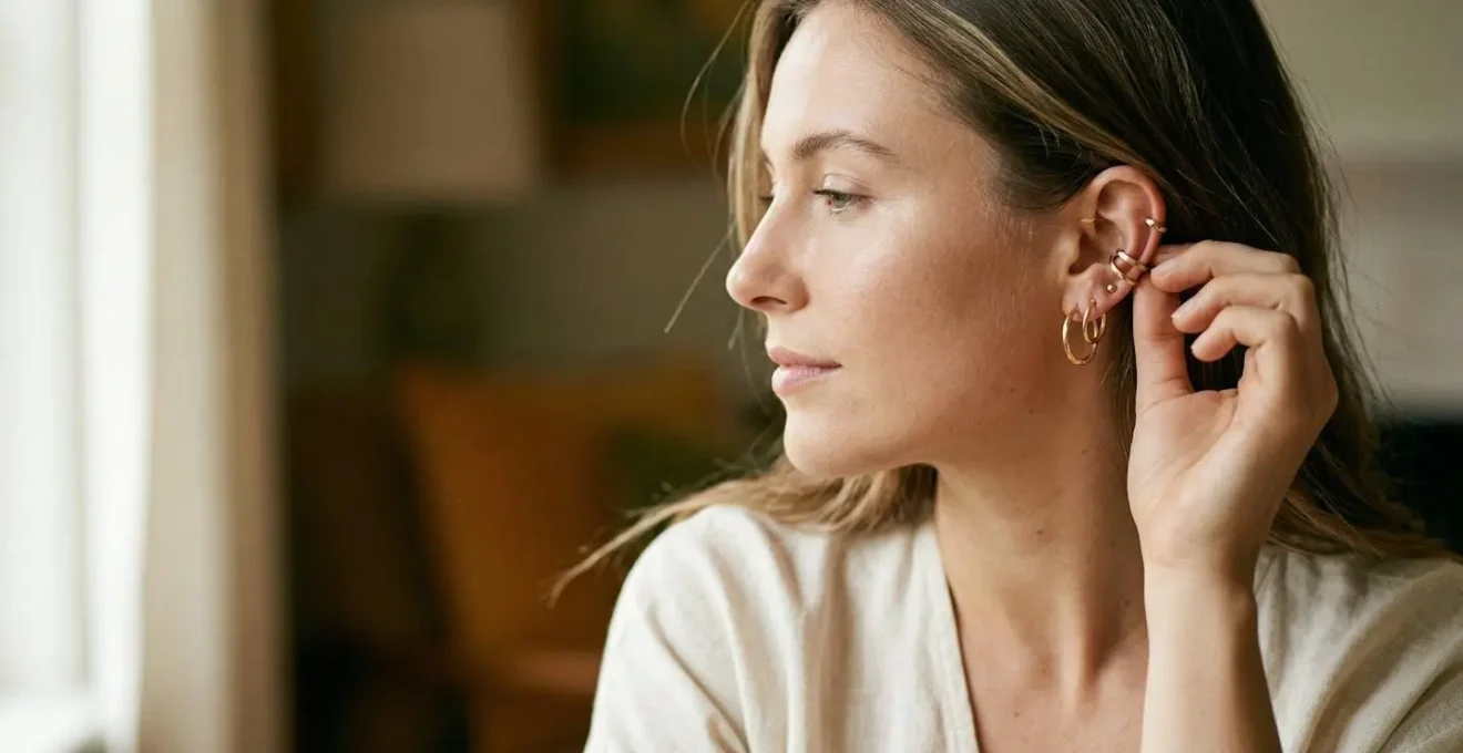 Femme touchant délicatement son oreille ornée d'un earcuff doré, expression sereine et confiante