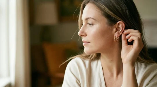 Femme touchant délicatement son oreille ornée d'un earcuff doré, expression sereine et confiante