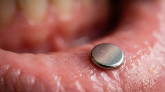 Gros plan d'un labret en titane à fond plat porté, montrant le disque parfaitement ajusté contre l'intérieur de la lèvre