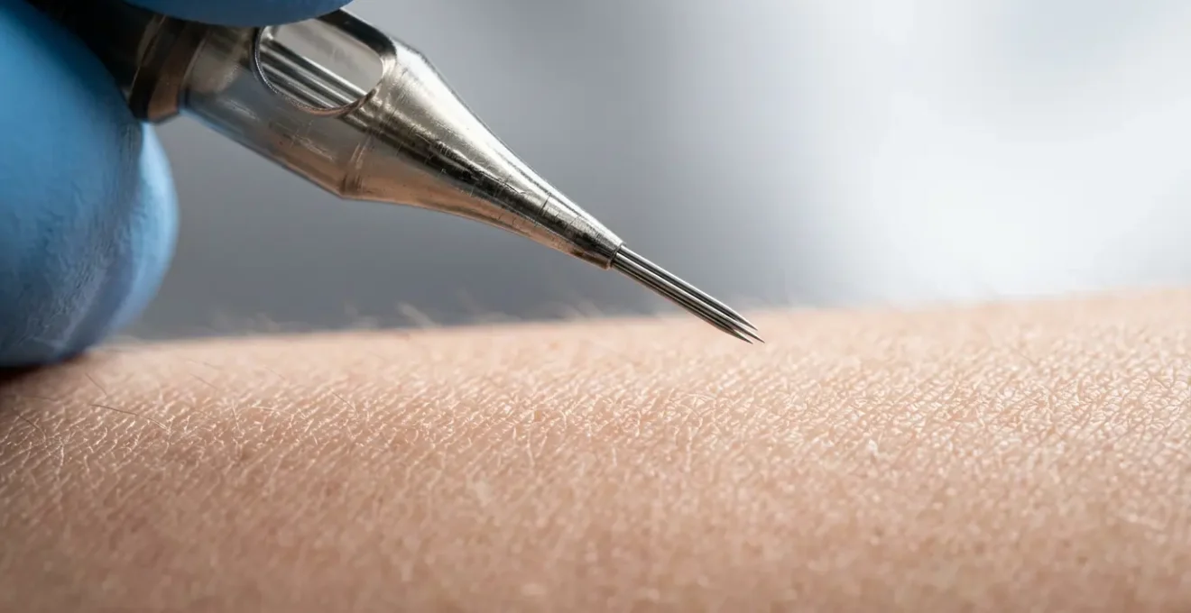 Gros plan artistique sur une aiguille de micro-tatouage effleurant délicatement la peau, capturant la précision et la finesse de cette pratique