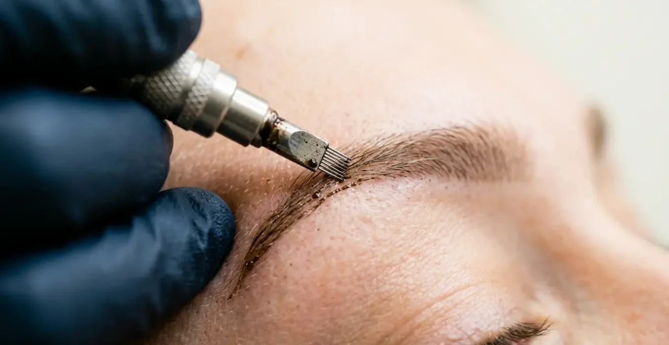 Gros plan sur la technique de microblading créant des traits fins imitant les poils naturels des sourcils