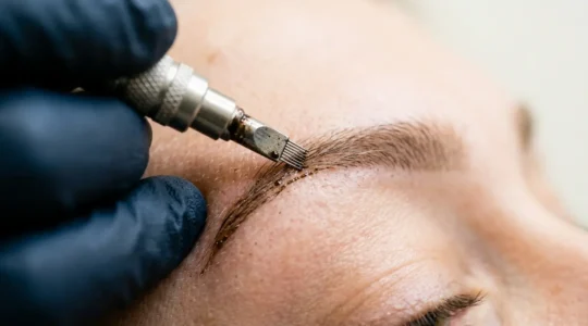 Gros plan sur la technique de microblading créant des traits fins imitant les poils naturels des sourcils