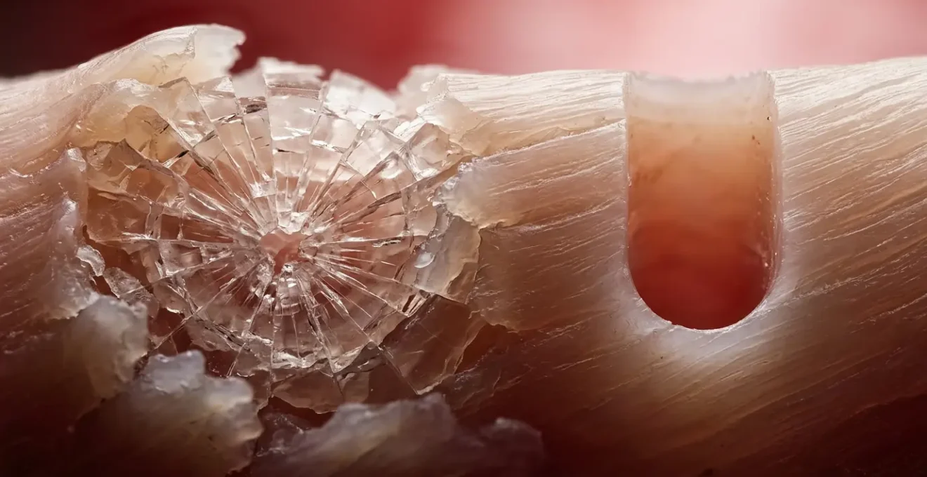 Comparaison microscopique entre un cartilage percé au pistolet montrant des microfissures et un cartilage percé à l'aiguille avec une coupe nette