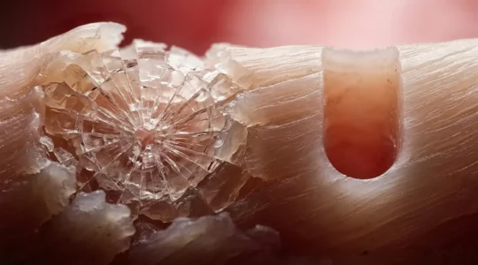 Comparaison microscopique entre un cartilage percé au pistolet montrant des microfissures et un cartilage percé à l'aiguille avec une coupe nette