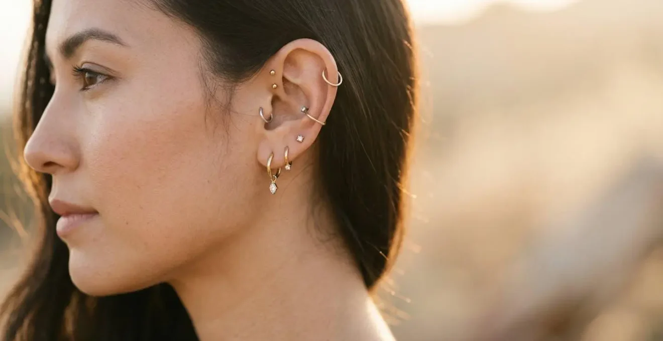 Composition artistique de bijoux sur une oreille percée avec plusieurs piercings dorés