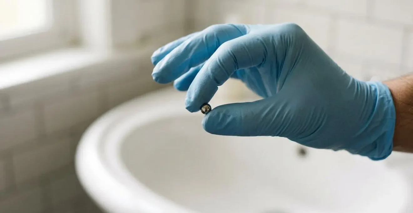 Gros plan sur une main gantée en latex tenant délicatement une bille de piercing au-dessus d'un lavabo flou