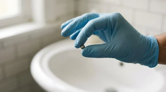 Gros plan sur une main gantée en latex tenant délicatement une bille de piercing au-dessus d'un lavabo flou