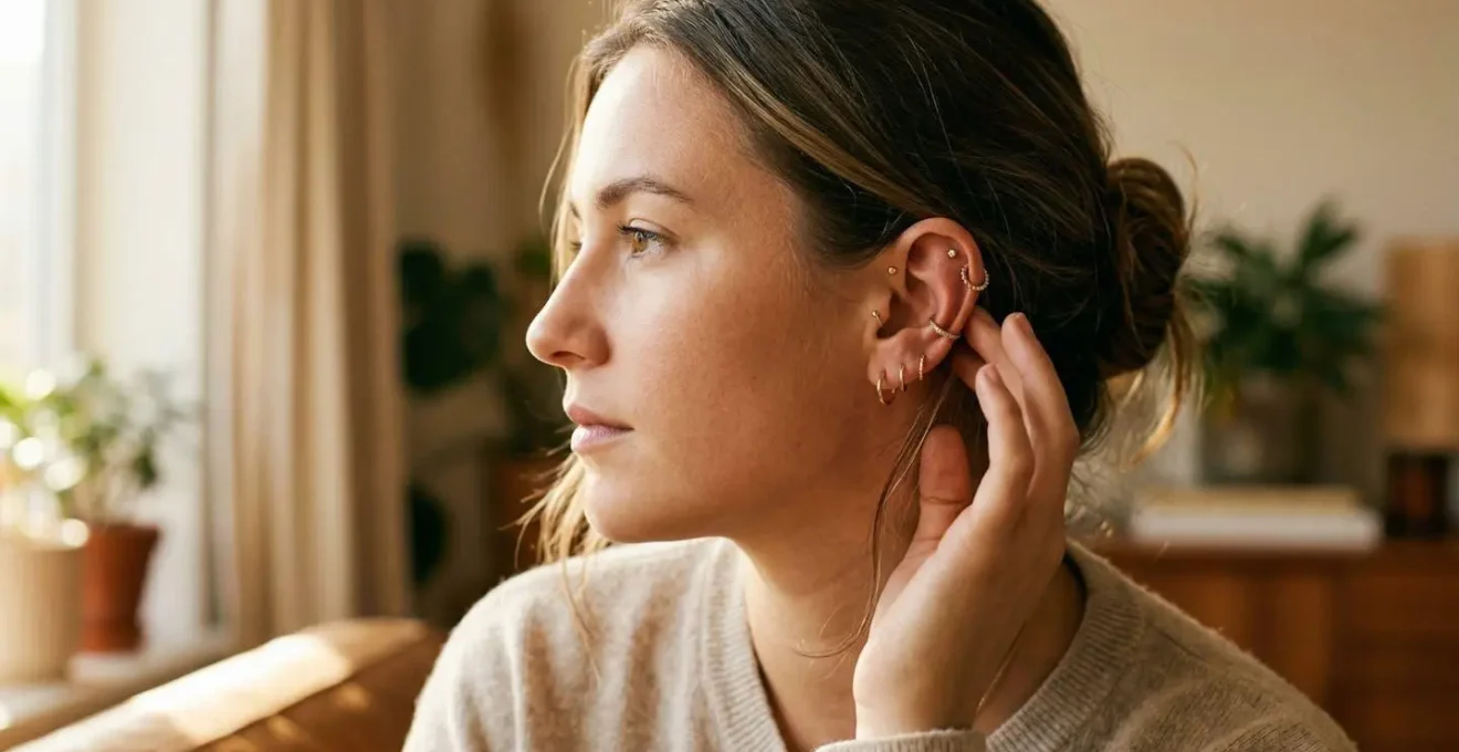 Portrait d'une femme touchant délicatement son oreille percée avec plusieurs piercings hélix et lobe, montrant la cicatrisation