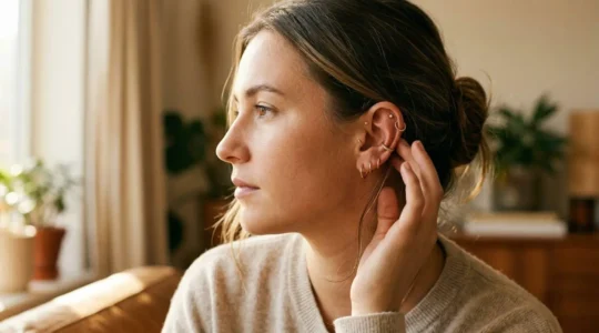 Portrait d'une femme touchant délicatement son oreille percée avec plusieurs piercings hélix et lobe, montrant la cicatrisation