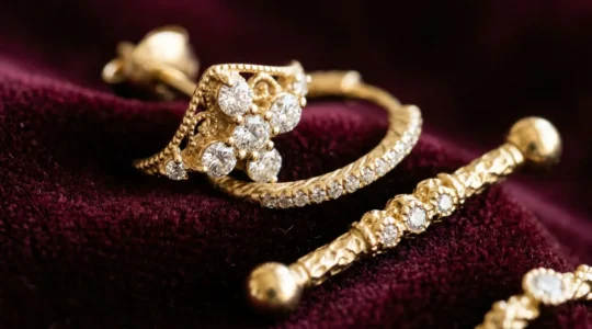 Gros plan macro sur un piercing de luxe en or rose serti d'un diamant scintillant