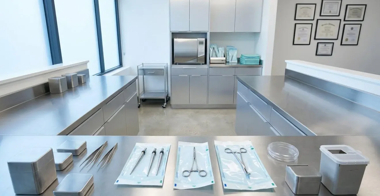 Perceur professionnel examinant du matériel stérilisé dans un studio moderne