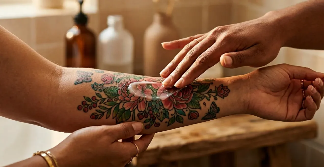 Femme appliquant délicatement un soin hydratant sur un tatouage coloré au bras, lumière douce naturelle