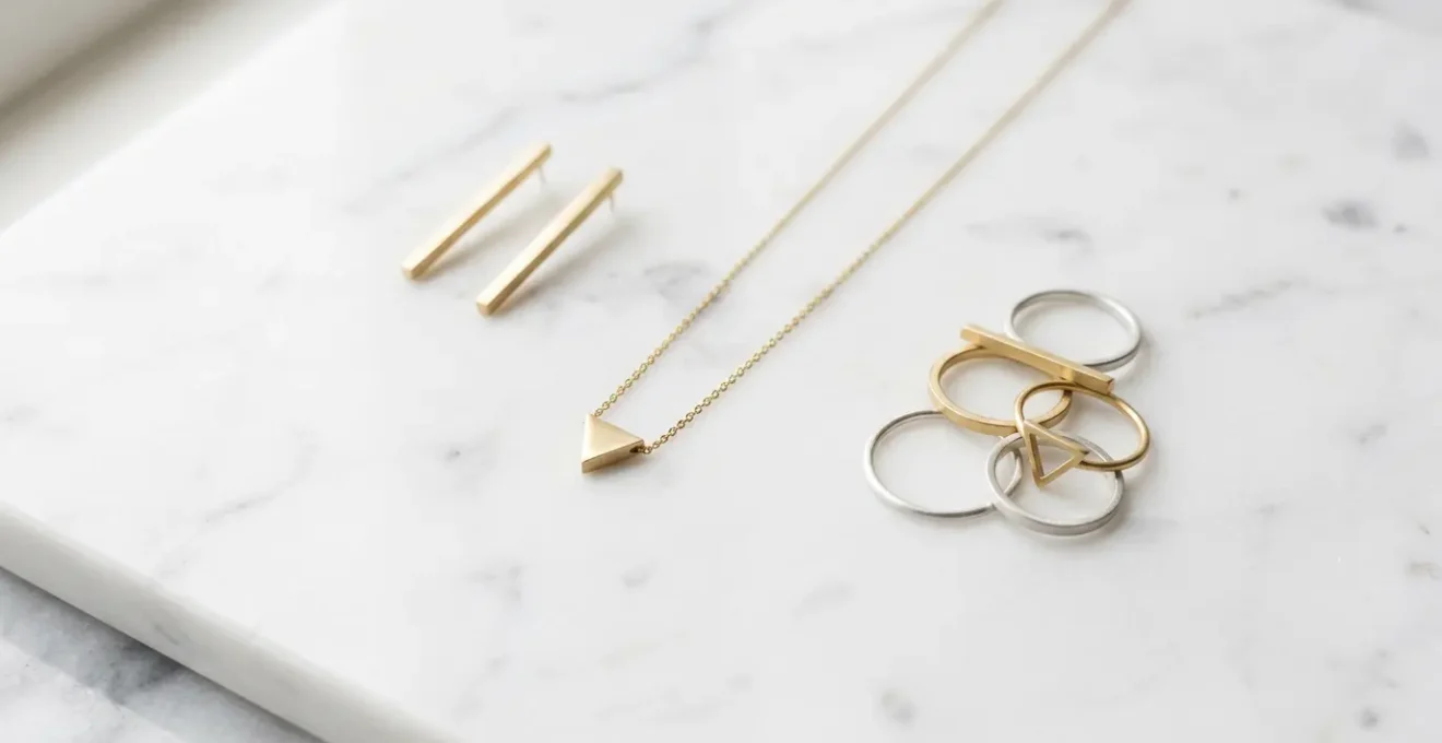 Composition artistique de bijoux minimalistes avec motifs géométriques sur fond épuré