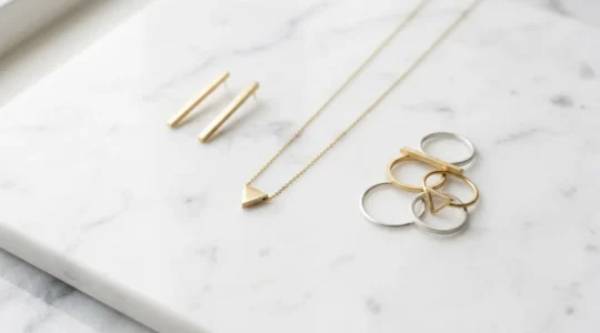 Composition artistique de bijoux minimalistes avec motifs géométriques sur fond épuré