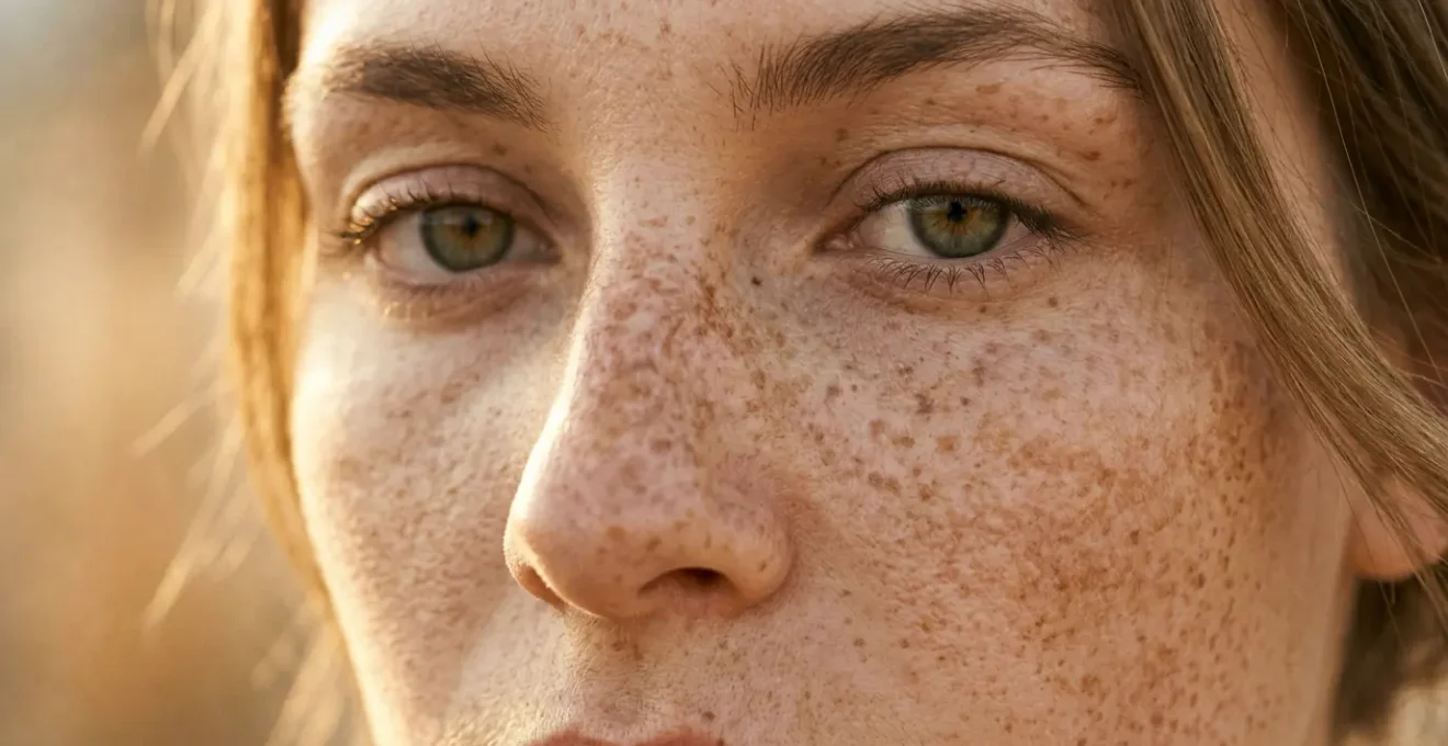 Visage féminin avec de délicates taches de rousseur naturelles baigné dans une lumière dorée