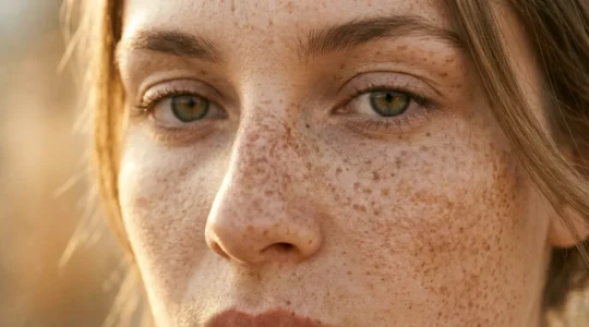 Visage féminin avec de délicates taches de rousseur naturelles baigné dans une lumière dorée