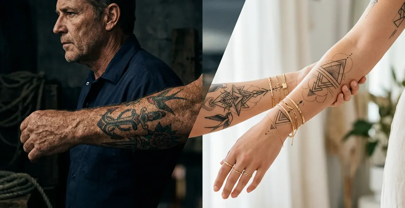 Composition artistique montrant l'évolution du tatouage de marginal à tendance avec des styles variés sur différentes peaux
