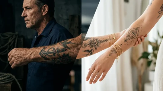 Composition artistique montrant l'évolution du tatouage de marginal à tendance avec des styles variés sur différentes peaux