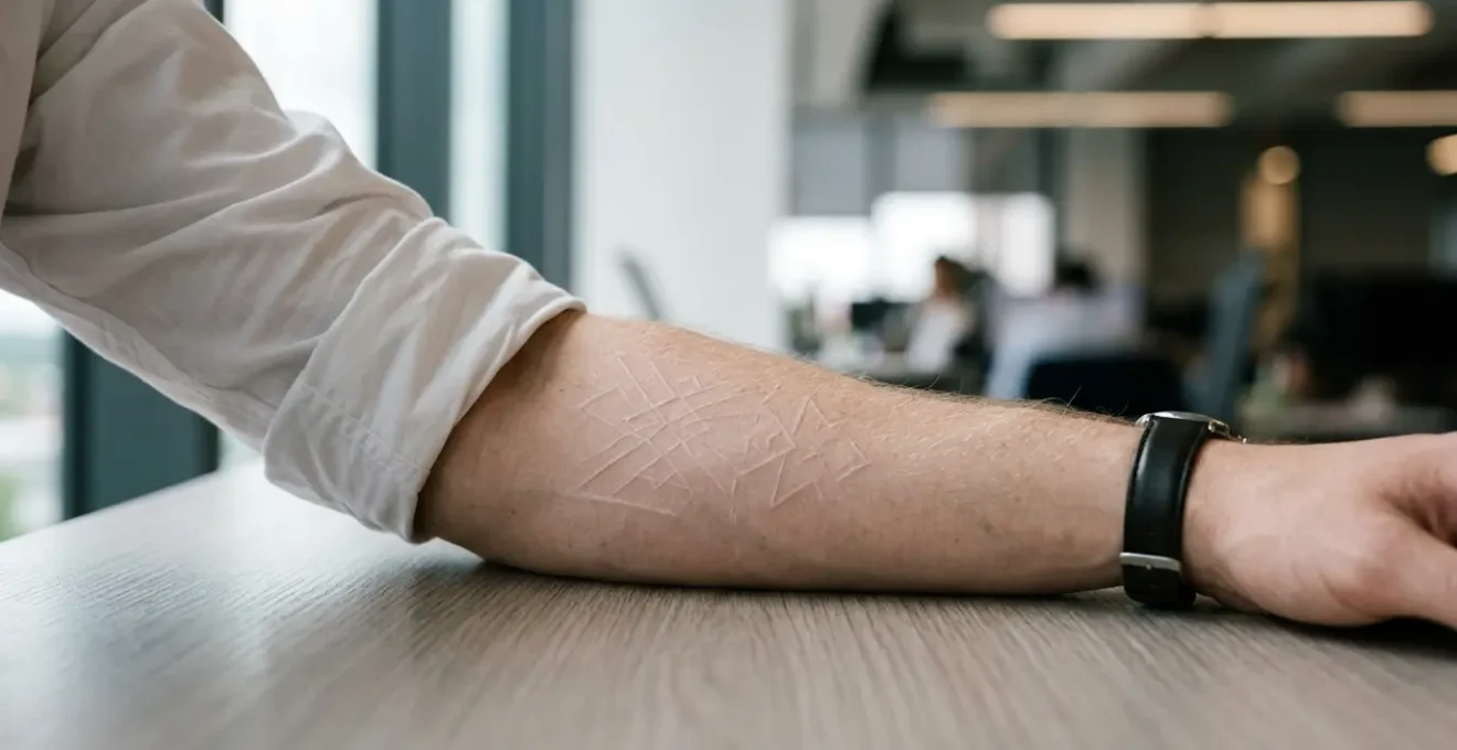 Tatouage discret à l'encre blanche sur avant-bras dans un environnement professionnel